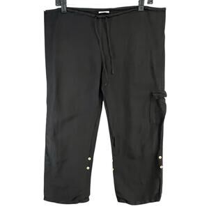 Vintage Spirit‎ Cargo Capri Pants Womens S Black Linen Roll Tab Hem Y2K Coastal